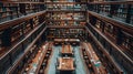 Vast library interior with rows of books. quiet study area captured in warm light. traditional learning environment