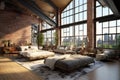 Expansive living room flooded with natural light from numerous windows, A wide open loft space with large windows and exposed