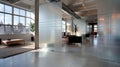 The expansive loft boasts high ceilings and an abundance of natural light further amplified by the use of frosted glass