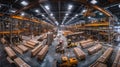 Expansive lumber warehouse with industrial equipment and workers Royalty Free Stock Photo