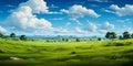 Expansive lush green field under a vibrant blue sky with fluffy white clouds surrounded by a line of trees on the horizon Royalty Free Stock Photo