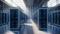 Modern Data Center Server Room with Rows of Racks and Blue Neon Lights Royalty Free Stock Photo