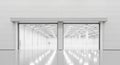 Expansive Modern Warehouse Interior with Open Roller Doors and Reflective Floor empty industrial Royalty Free Stock Photo