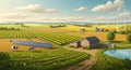 Expansive rural landscape featuring green fields with rows of crops and grazing