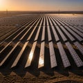 Panel array under a clear sky at sunset, covering a vast area in a Royalty Free Stock Photo