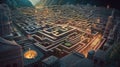 Expansive stone labyrinth of a fantasy cityscape with intricate paths and architectural structures Royalty Free Stock Photo