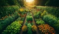 Expansive sustainable garden featuring companion planting techniques. AI generated. Royalty Free Stock Photo