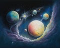 An expansive vibrant view of a faroff planetary system featuring glistening starlight and beaming asteroids. Zodiac