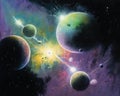 An expansive vibrant view of a faroff planetary system featuring glistening starlight and beaming asteroids. Zodiac