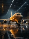 An expansive view of airplane hangar operations, focusing on passenger aircraft maintenance