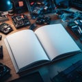 An Expansive View of a Blank Notebook Surrounded by Various Technological Components and Circuitry on a Workbench Royalty Free Stock Photo
