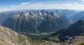 Expansive view of a mountainous landscape featuring sharp peaks and valleys.