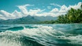 An expansive view of the ocean showcasing the clear blue water with a backdrop of lush palm trees, Ocean waves against a tropical