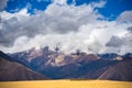 Expansive view of the Sacred Valley, Peru from Pisac Inca site, major travel destination in Cusco region, Peru. Dramatic sky. Royalty Free Stock Photo