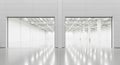 Expansive White Warehouse Interior with Open Roller Doors and Reflective Floor industrial Royalty Free Stock Photo