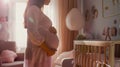 Expectant Mother in Nursery Room with Morning Light. Generative ai