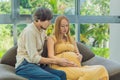 Expectant woman feels unwell, husband comforts and reassures her during a challenging pregnancy