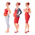 Expectant woman measuring belly, working pregnant businesswoman, mother with newborn. Pregnancy vector illustration.