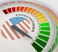 Indicator of expectations with color scale and flag of USA. Financial concept. 3D render