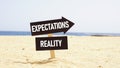Expectations vs reality is shown using the text on the road sign. What to expect Royalty Free Stock Photo