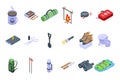 Expedition icons set isometric vector. Hiker adventure