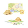 Expedition Map Depicting Geography and Route of Tourist Journey with Compass and Hat Vector Set