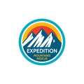 Expedition mountains rescue. Adventure outdoors - concept badge. Climbing logo in flat style. Extreme exploration sticker symbol. Royalty Free Stock Photo