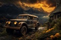 an expedition SUV car in front of mountains, beautiful dramatic landscape Royalty Free Stock Photo