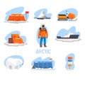 Expedition to the Arctic set, polar explorer, research station, snowmobile, ice breaker, crossroad direction post vector