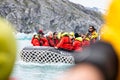 Expedition zodiac taking passengers from Hurtigrutens MS Fridtjof Nansen to view glacier in Kvanefjord, Greenland