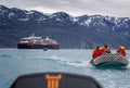 Expedition zodiacs taking passengers from Hurtigrutens MS Fridtjof Nansen to view glacier in Kvanefjord, Greenland