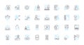 Expense control linear icons set. Budgeting, Cost-cutting, Tracking, Analysis, Management, Optimization, Reduction line