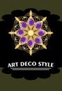 Expensive art deco filigree brooch in circle composition with purple amethyst, jewelry in victorian style, antique gold Royalty Free Stock Photo