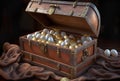 Expensive Chicken Eggs Concept in an Open Treasure Chest Along Side Gold Treasure - Generative AI