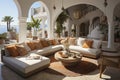 Expensive designed interior of Arabic style hotel. Open air houses terrace