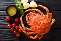 Expensive food: cooked whole crab spider with lemon and melted b