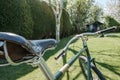 Close-up of a hand built path racer bicycle seen in a private garden.