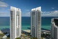 Expensive highrise hotels and condos on Atlantic ocean shore in Sunny Isles Beach city. American tourism infrastructure