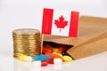Expensive Medicine in Canada. Closeup brown bag with pills falling out, high cost, expensive healthcare Royalty Free Stock Photo