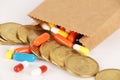 Expensive Medicine. Closeup brown bag with pills falling out, high cost, expensive healthcare Royalty Free Stock Photo