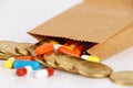 Expensive Medicine. Closeup brown bag with pills falling out, high cost, expensive healthcare Royalty Free Stock Photo