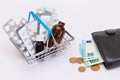 Pills and Capsules in a Shopping Basket and Black Wallet with Euro Money