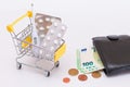 Pills and Capsules in a Shopping Cart and Black Wallet with Euro Money