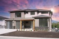 Expensive New Designer Modern Suburban Residential Maison Home House Pink Sunset Sky Chilliwack Canada Royalty Free Stock Photo