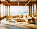 Expensive Oceanfront Property Vintage Retro Mid-Century Modern Home House interior Living Room Scenic Ocean AI Generated Royalty Free Stock Photo