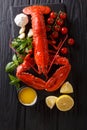 Expensive organic food: boiled lobster with lemon, garlic, fresh Royalty Free Stock Photo