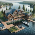 Expensive Remote Wilderness Fishing Lodge Home Exterior Wooden House Construction AI GeneratedFisning