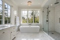 Expensive white bathroom with large rectangular bathtub Royalty Free Stock Photo
