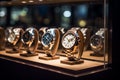 Expensive wrist watches elegantly showcased in glass display case. Generative AI