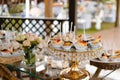 Expensively decorated table with tartlets in golden utensils and flowers Royalty Free Stock Photo